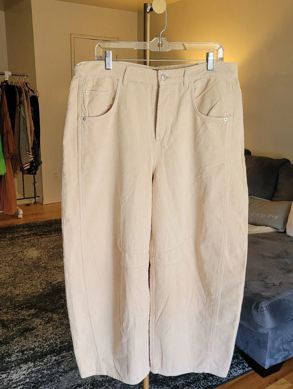 Free People We The Free Good Luck Mid-Rise Cord Barrel Pants Cream Beige Sz 31 - Picture 10 of 16